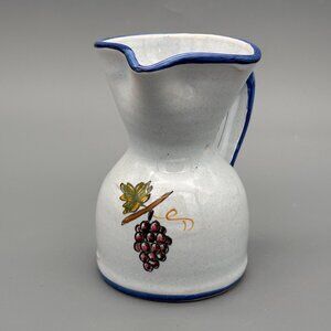 Vintage Talavera Pottery Pitcher with Hand-Painted Grapes and Blue Rim Accents